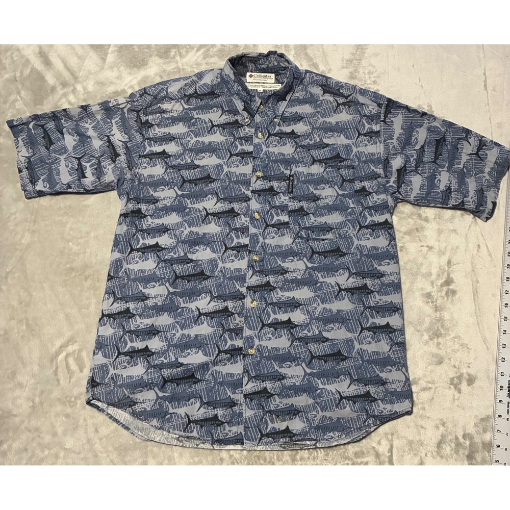 Columbia Sportswear Mens Blue Marlin Fish Print Cotton Short Sleeve Shirt M
